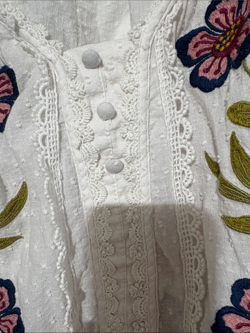 Anthropologie White Peasant Blouse with Pink and Navy Floral Embroidery